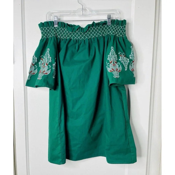 Bleuh Ciel Blouse L Off Shoulder Green Floral Embroider Cottagecore Smocked Boho - Picture 1 of 9